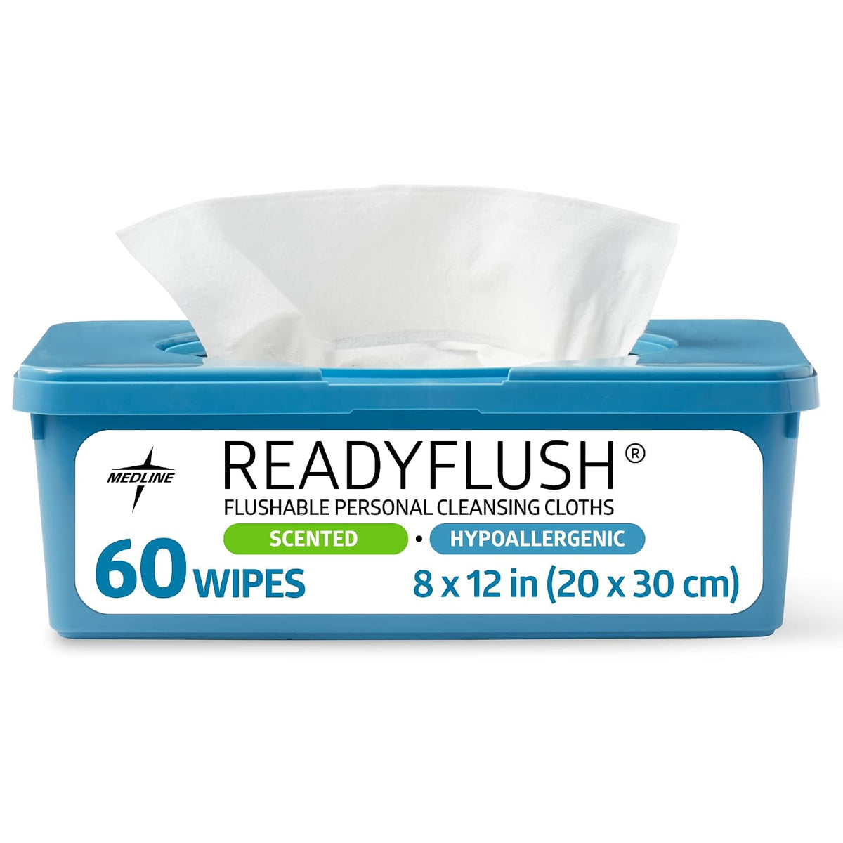 Medline ReadyFlush Flushable Wipes (60 Wipes per Tub), Scented, Biodegradable Flushable Incontinence Wet Wipes for Adults with Aloe, Hypoallergenic & pH-Balanced Personal Cleansing Cloths, 8" x 12"