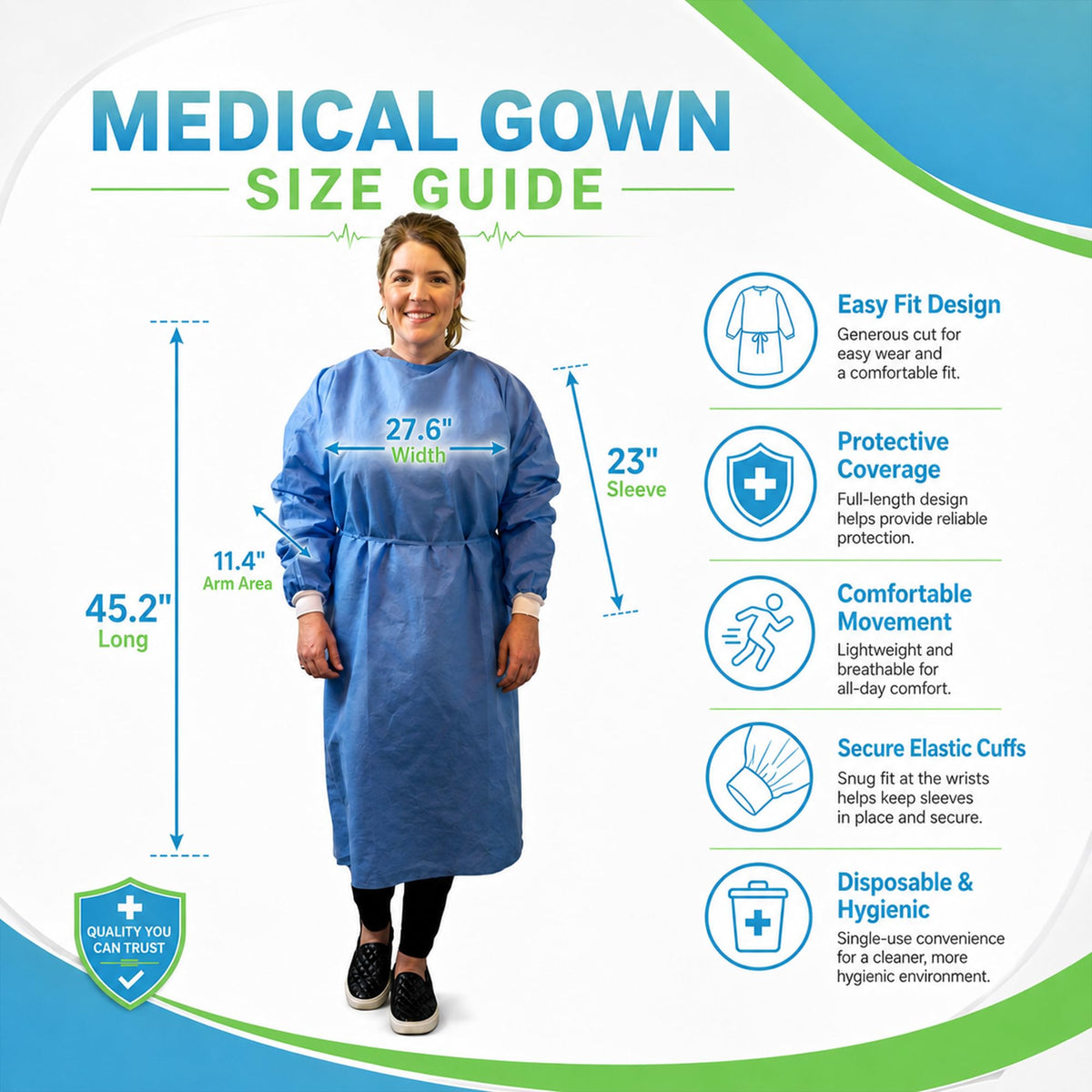 Disposable PPE Isolation Medical Gowns 50-Pack – Level 2, Full Back Coverage, Double Tie Closure, SMS 35g Material, Knit Cuffs, Unisex, Professional Blue for Healthcare & Lab Use