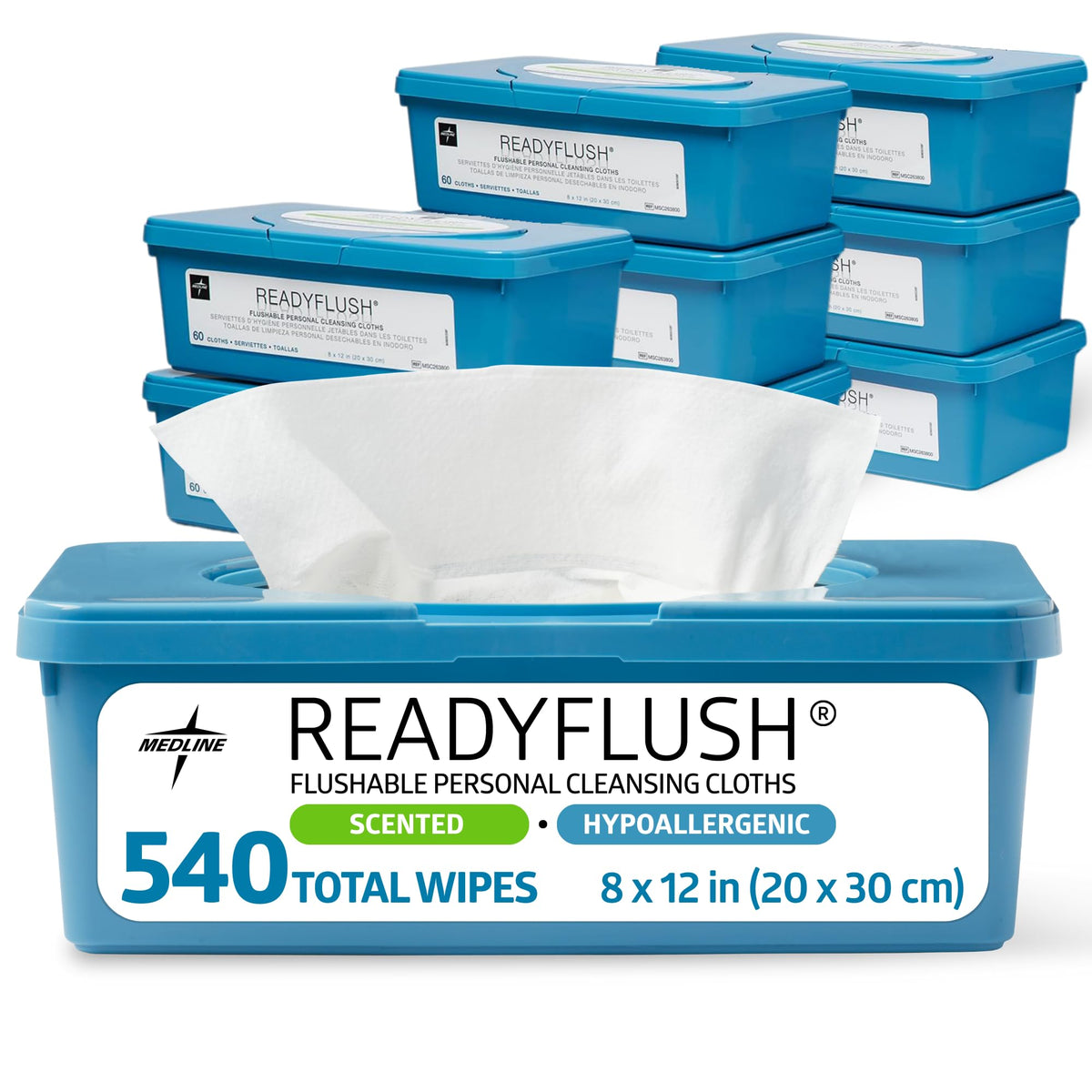 Medline ReadyFlush Flushable Wipes (60 Wipes per Tub), Scented, Biodegradable Flushable Incontinence Wet Wipes for Adults with Aloe, Hypoallergenic & pH-Balanced Personal Cleansing Cloths, 8" x 12"