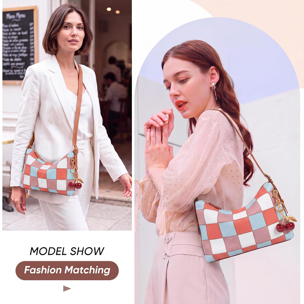 Checkered Shoulder Bag for Women Cute Vegan Leather Hobo Cherry Purse