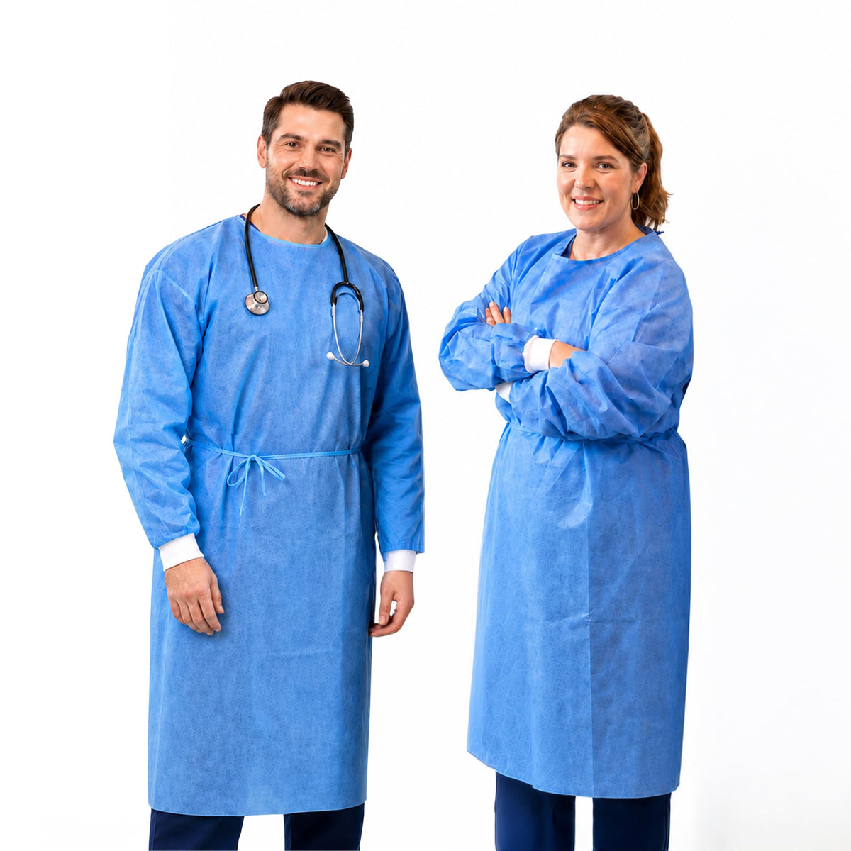Disposable PPE Isolation Medical Gowns 50-Pack – Level 2, Full Back Coverage, Double Tie Closure, SMS 35g Material, Knit Cuffs, Unisex, Professional Blue for Healthcare & Lab Use