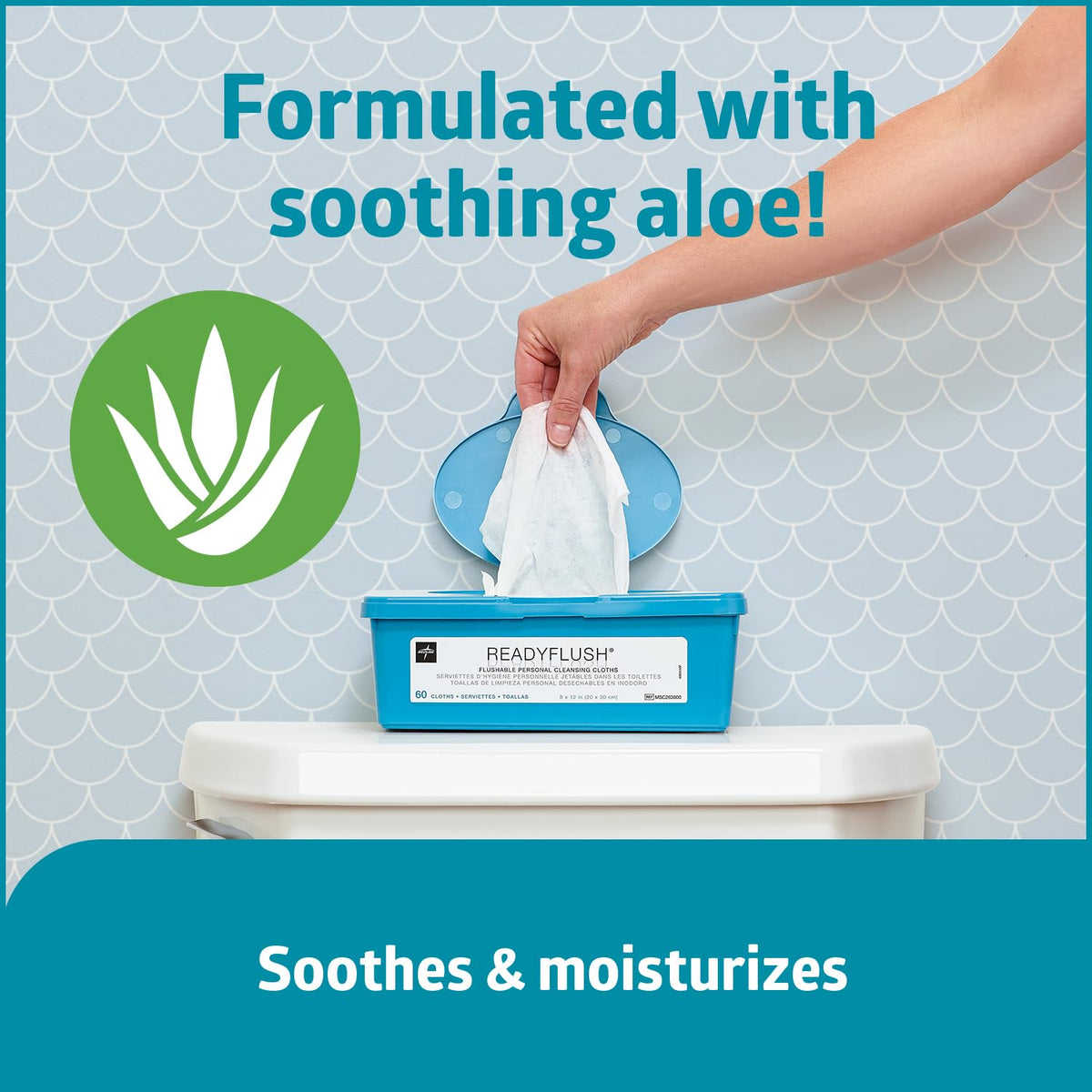 Medline ReadyFlush Flushable Wipes (60 Wipes per Tub), Scented, Biodegradable Flushable Incontinence Wet Wipes for Adults with Aloe, Hypoallergenic & pH-Balanced Personal Cleansing Cloths, 8" x 12"