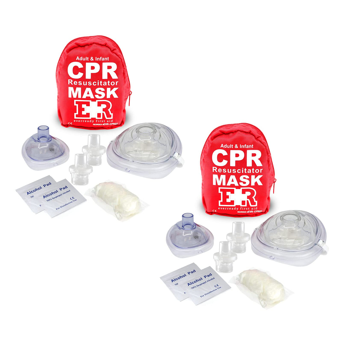 Adult and Infant CPR Mask Combo Kit – Includes 2 CPR Masks with One-Way Valves, Pair of Vinyl Gloves, 2 Alcohol Prep Pads – Portable Emergency CPR Kit – Red