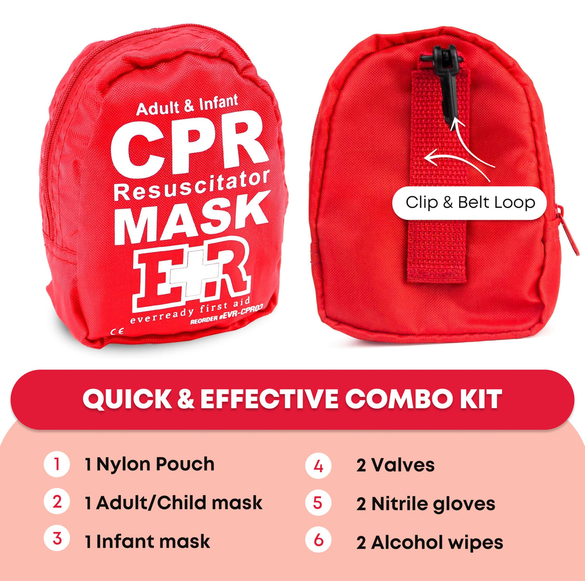 Adult and Infant CPR Mask Combo Kit – Includes 2 CPR Masks with One-Way Valves, Pair of Vinyl Gloves, 2 Alcohol Prep Pads – Portable Emergency CPR Kit – Red