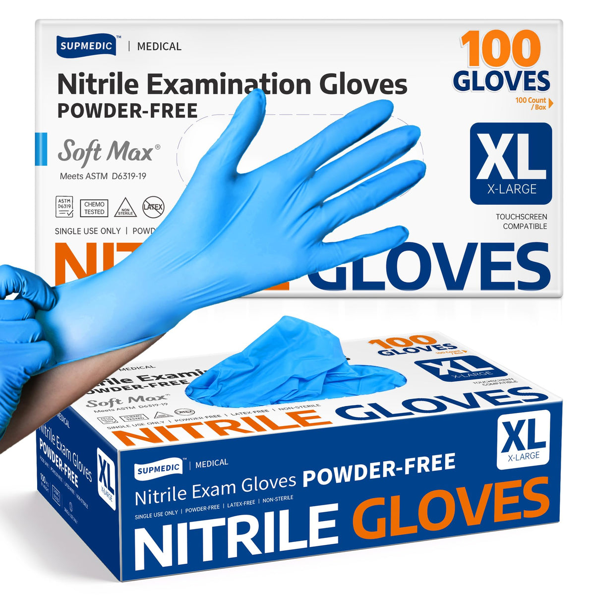 Supmedic Medical Soft Max Nitrile Exam Gloves Powder-Free Disposable 100 Ct