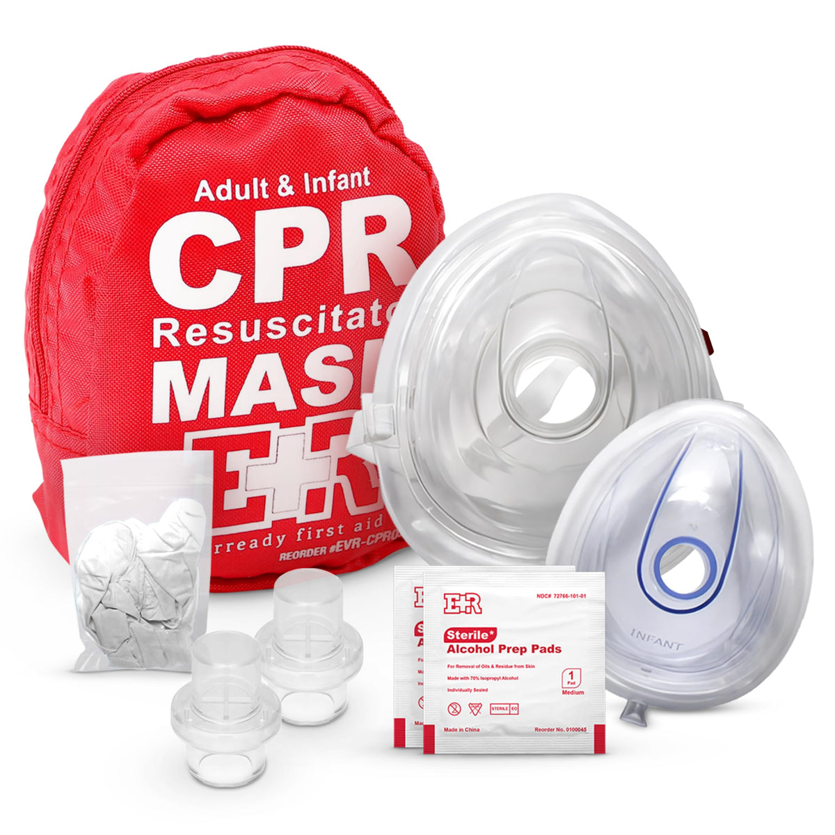 Adult and Infant CPR Mask Combo Kit – Includes 2 CPR Masks with One-Way Valves, Pair of Vinyl Gloves, 2 Alcohol Prep Pads – Portable Emergency CPR Kit – Red