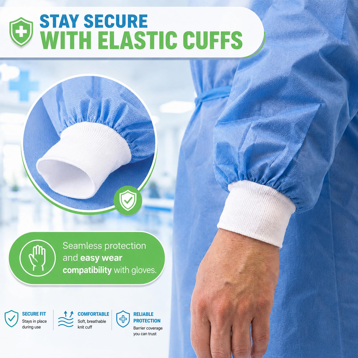 Disposable PPE Isolation Medical Gowns 50-Pack – Level 2, Full Back Coverage, Double Tie Closure, SMS 35g Material, Knit Cuffs, Unisex, Professional Blue for Healthcare & Lab Use
