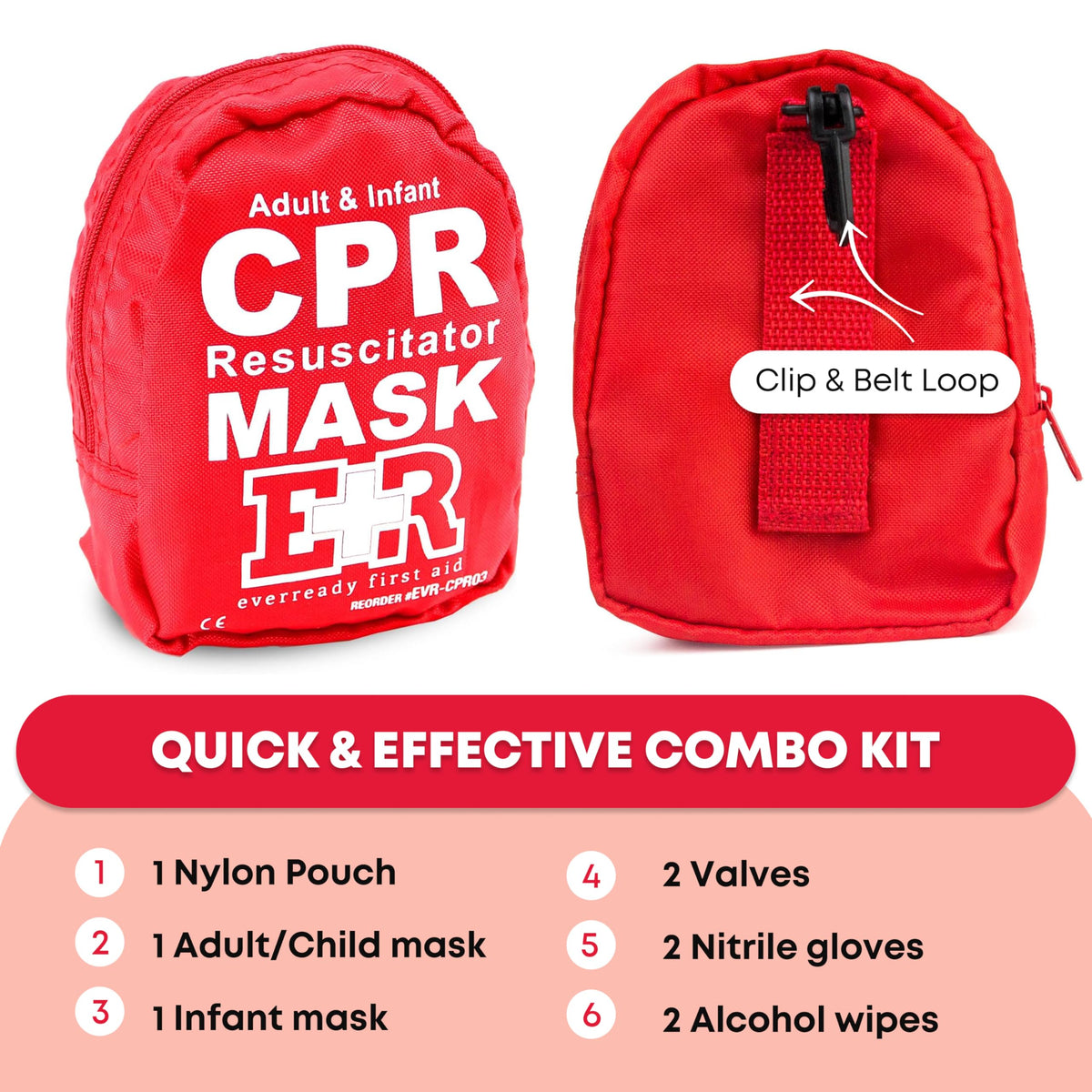 Adult and Infant CPR Mask Combo Kit – Includes 2 CPR Masks with One-Way Valves, Pair of Vinyl Gloves, 2 Alcohol Prep Pads – Portable Emergency CPR Kit – Red
