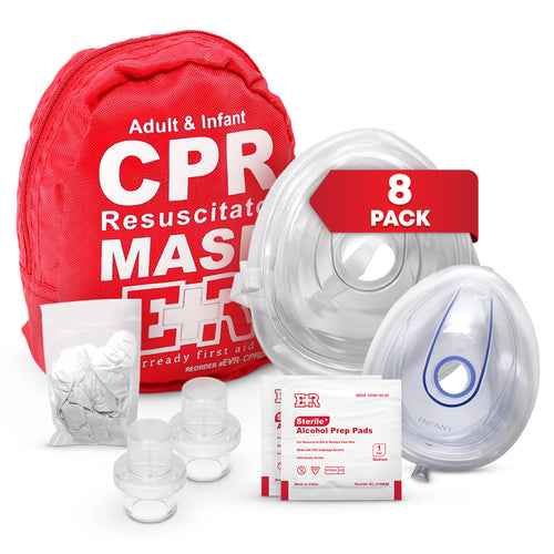 Adult and Infant CPR Mask Combo Kit – Includes 2 CPR Masks with One-Way Valves, Pair of Vinyl Gloves, 2 Alcohol Prep Pads – Portable Emergency CPR Kit – Red