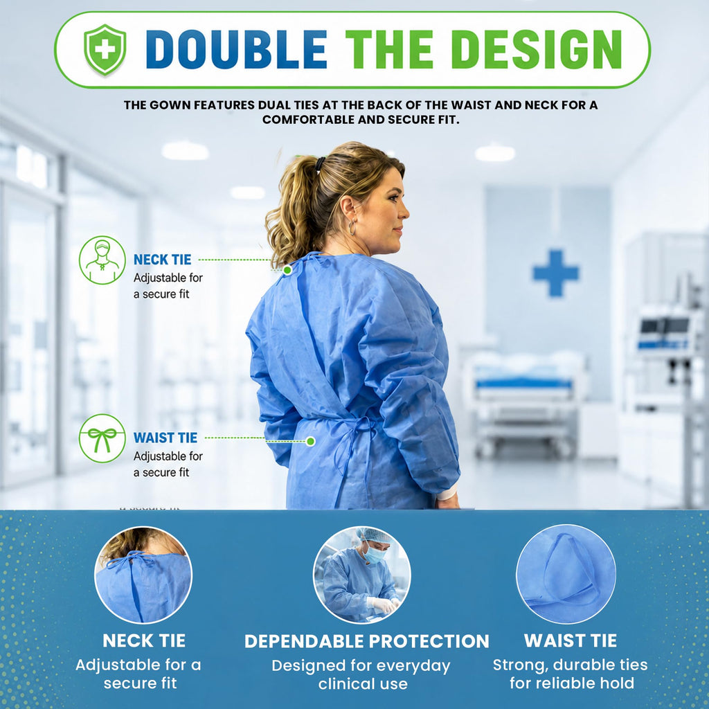 Disposable PPE Isolation Medical Gowns 50-Pack – Level 2, Full Back Coverage, Double Tie Closure, SMS 35g Material, Knit Cuffs, Unisex, Professional Blue for Healthcare & Lab Use