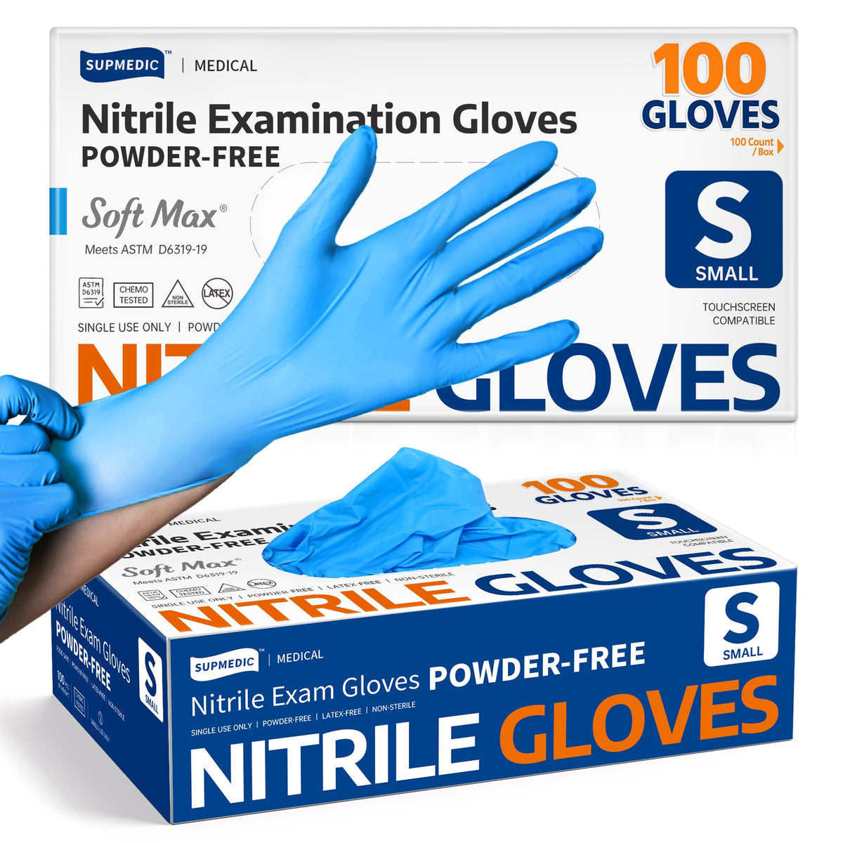 Supmedic Medical Soft Max Nitrile Exam Gloves Powder-Free Disposable 100 Ct