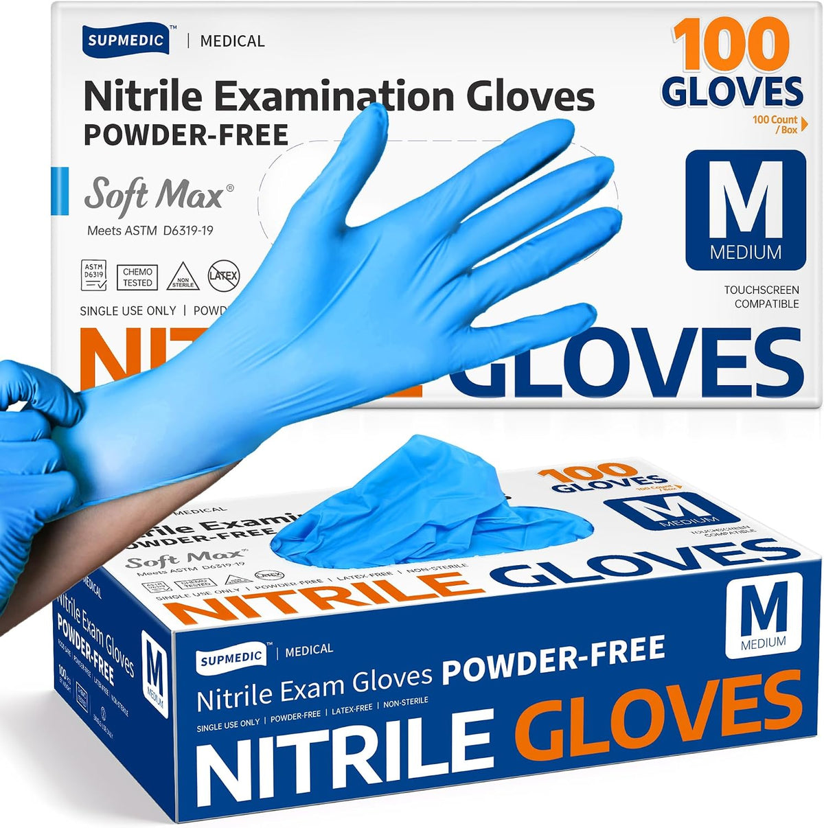 Supmedic Medical Soft Max Nitrile Exam Gloves Powder-Free Disposable 100 Ct