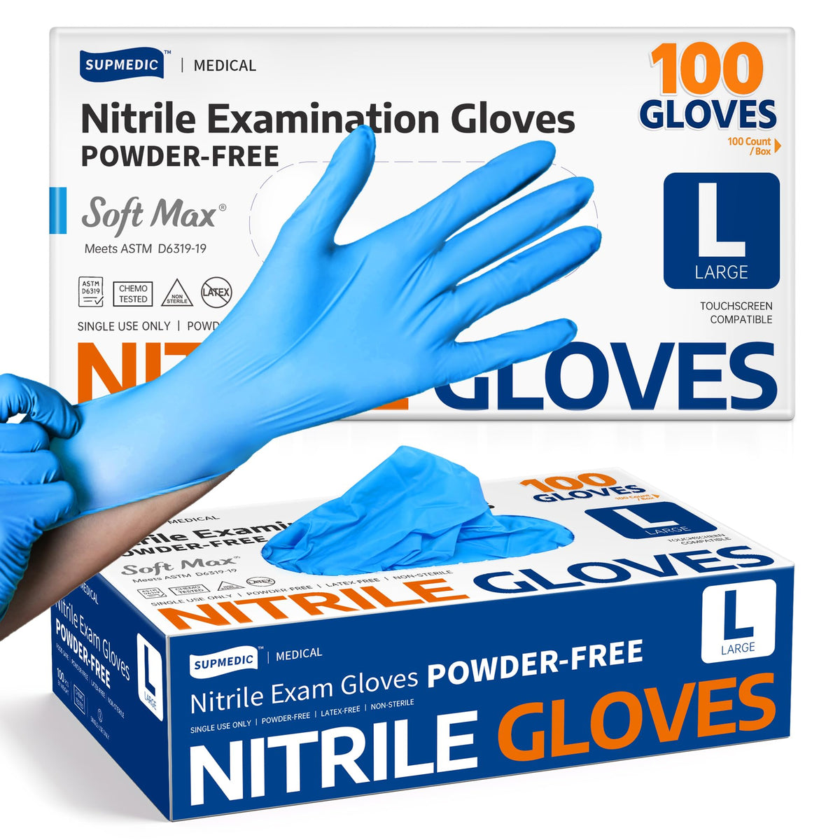 Supmedic Medical Soft Max Nitrile Exam Gloves Powder-Free Disposable 100 Ct